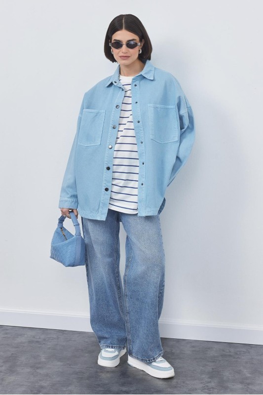 Yıkamalı Gabardin Ceket Mavi