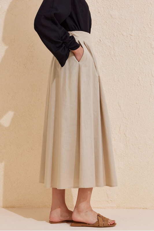 Pileli Pamuk Keten Etek Natural Bej