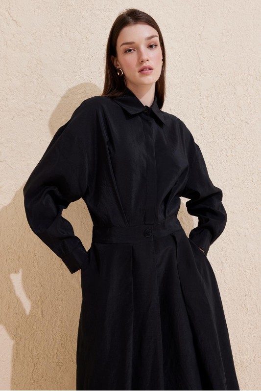 Pileli Uzun Çan Elbise Siyah