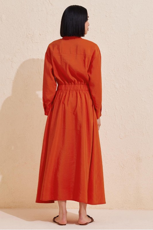 Pileli Uzun Çan Elbise Nar Çiçeği