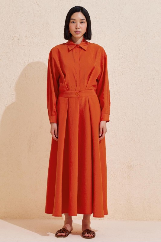 Pileli Uzun Çan Elbise Nar Çiçeği