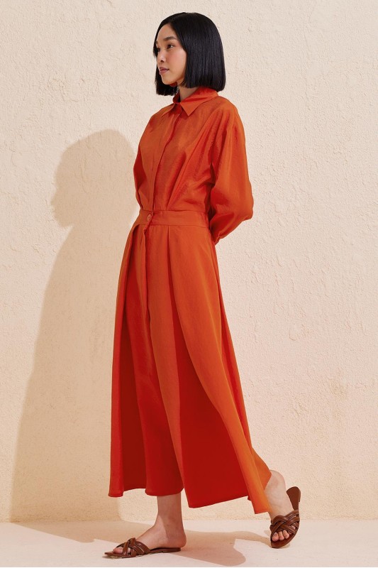 Pileli Uzun Çan Elbise Nar Çiçeği