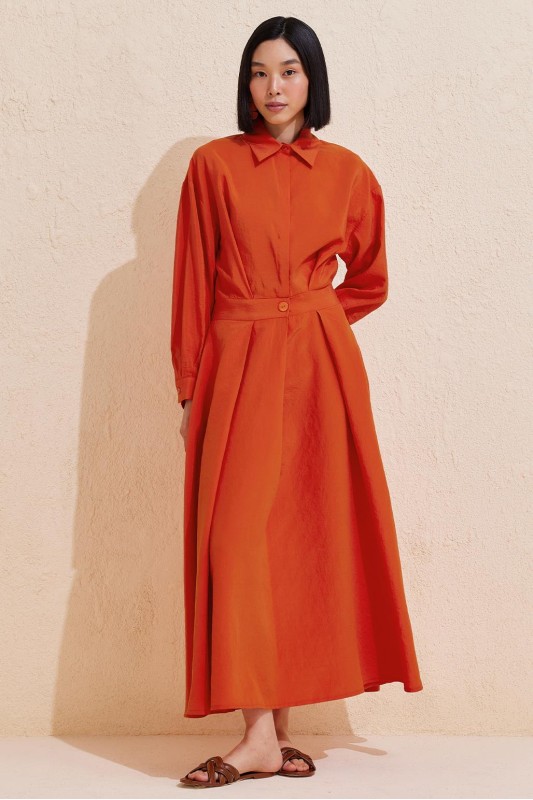 Pileli Uzun Çan Elbise Nar Çiçeği