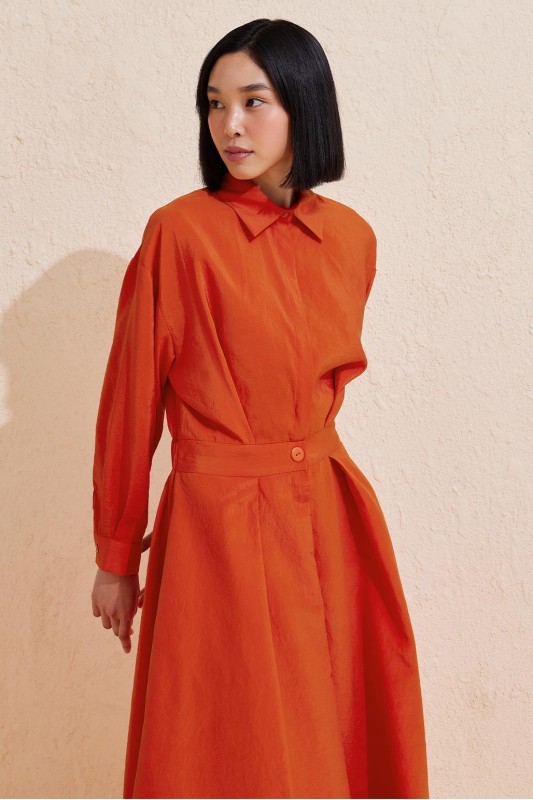 Pileli Uzun Çan Elbise Nar Çiçeği