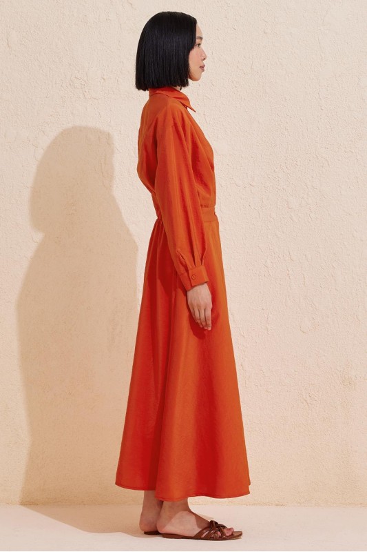 Pileli Uzun Çan Elbise Nar Çiçeği