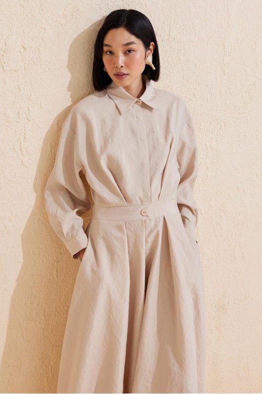 Pileli Uzun Çan Elbise Taş