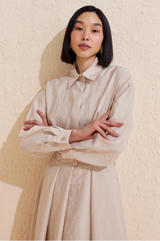 Pileli Uzun Çan Elbise Taş