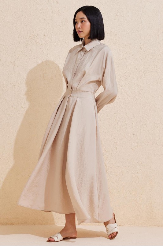 Pileli Uzun Çan Elbise Taş