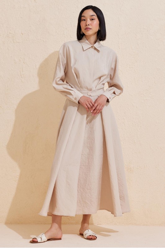 Pileli Uzun Çan Elbise Taş