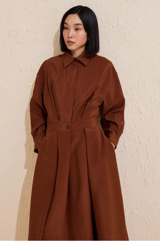 Pileli Uzun Çan Elbise Çikolata Kahve