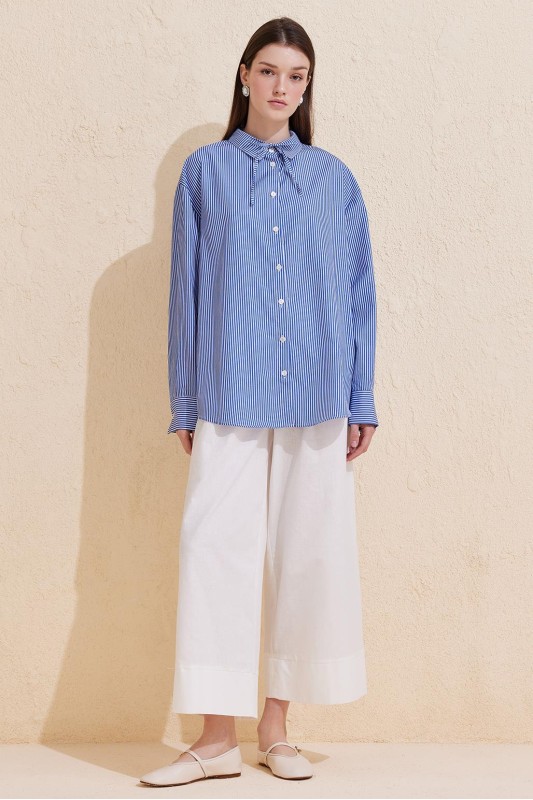Çizgili Düğmeli Basic Gömlek Mavi