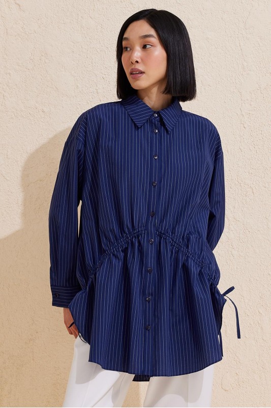 Çizgili Oversize Bağcıklı Gömlek Lacivert