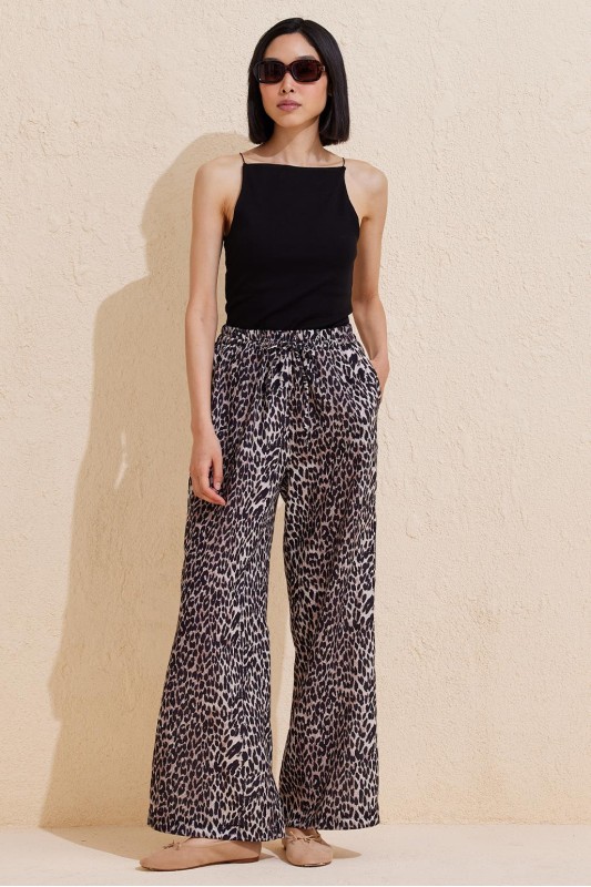 Leopar Desenli Yazlık Bol Pantolon Kahve