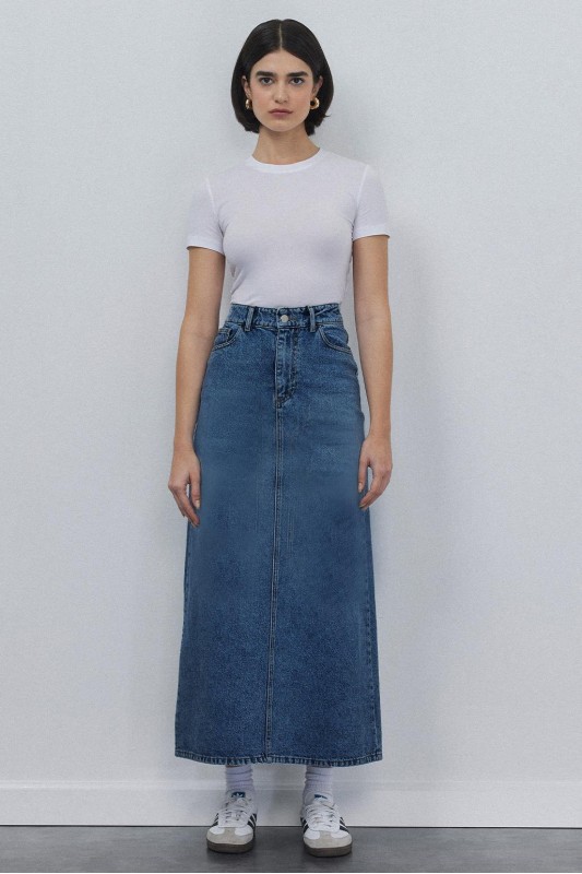 Yıkamalı Denim Kalem Etek Orta Mavi