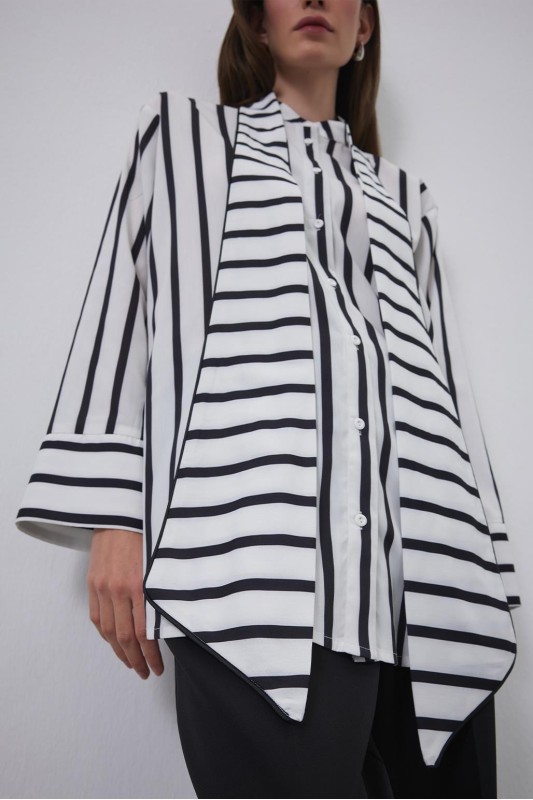 Fularlı Çizgili Oli Gömlek Siyah