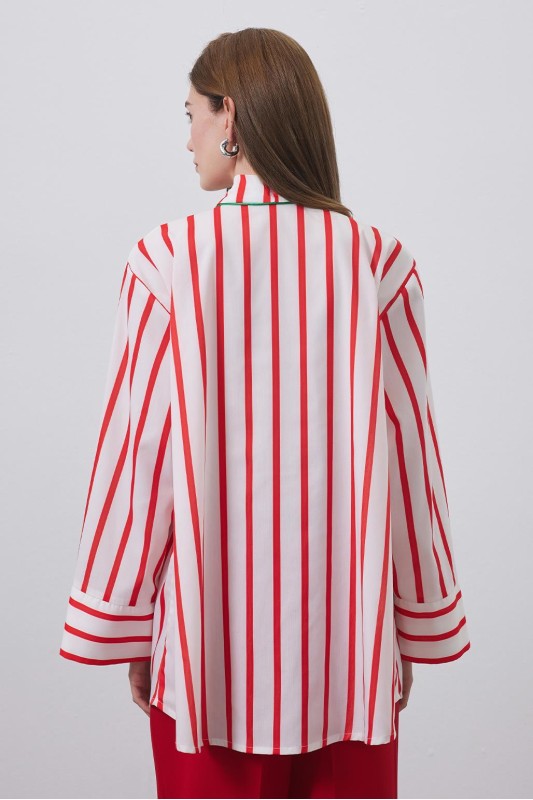Fularlı Çizgili Oli Gömlek Kırmızı