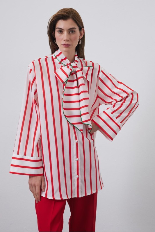 Fularlı Çizgili Oli Gömlek Kırmızı