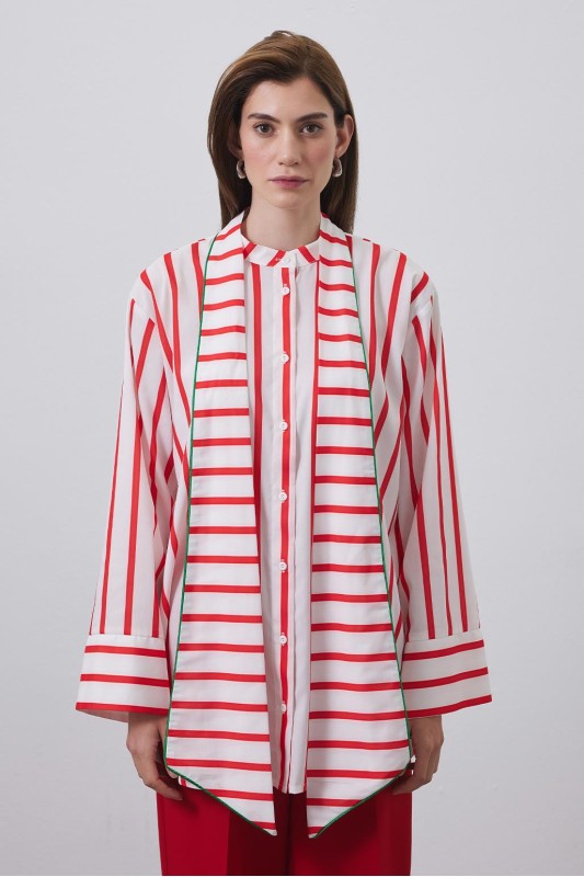 Fularlı Çizgili Oli Gömlek Kırmızı