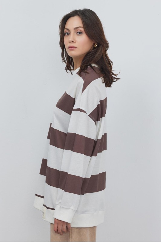 Çizgili Yami Ribanalı Sweatshirt Kahve