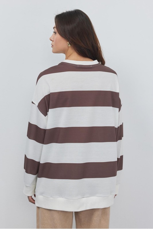 Çizgili Yami Ribanalı Sweatshirt Kahve