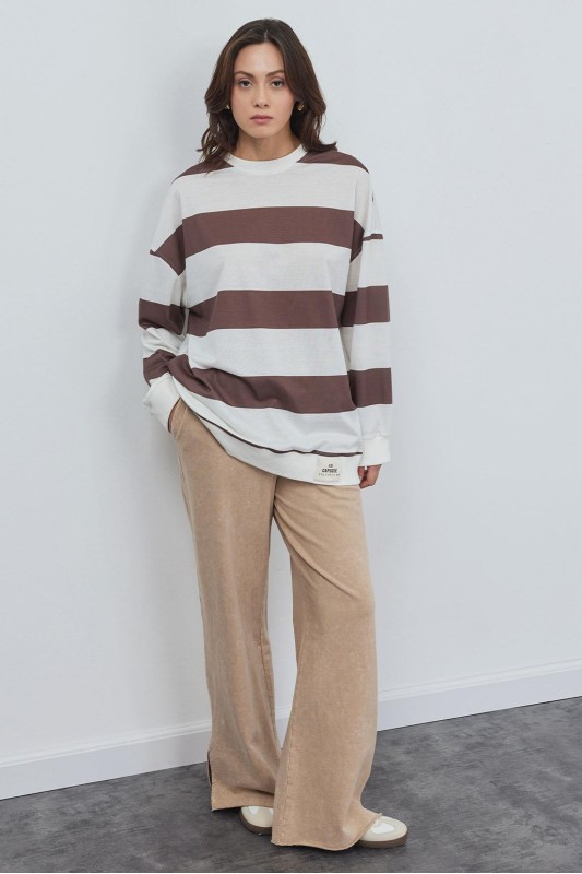 Çizgili Yami Ribanalı Sweatshirt Kahve