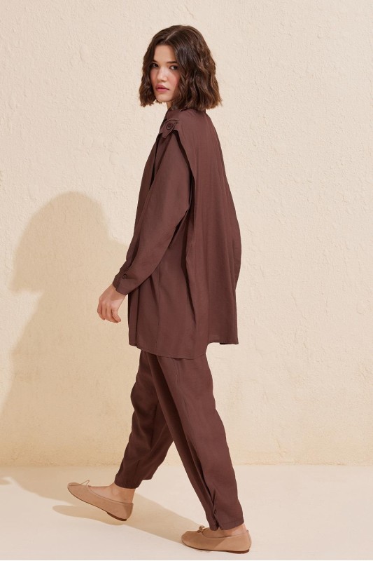 Helen Gömlek Pantolon Takım Çikolata Kahve