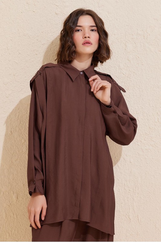 Helen Gömlek Pantolon Takım Çikolata Kahve