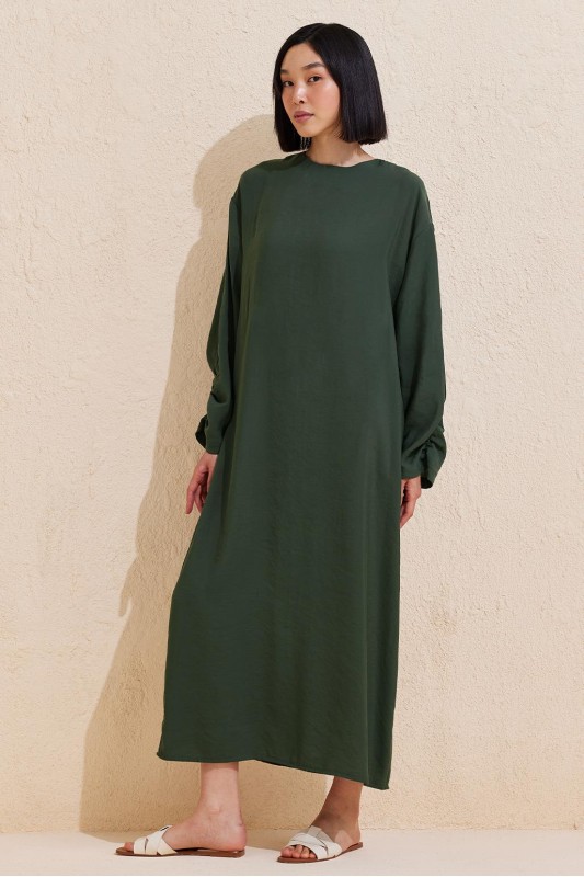 Kol Detaylı Modal Elbise Koyu Yeşil